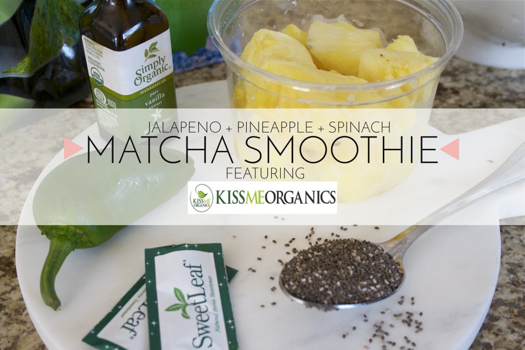 A Spicy & Sweet Green Smoothie with Matcha! The benefits of Matcha powder are INSANE. I've teamed up with Kiss Me Organics to bring you this yum-o, superfood smoothie! | www.HustleAndHalcyon.com