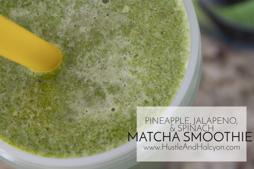 A Spicy & Sweet Green Smoothie with Matcha! The benefits of Matcha powder are INSANE. I've teamed up with Kiss Me Organics to bring you this yum-o, superfood smoothie! | www.HustleAndHalcyon.com