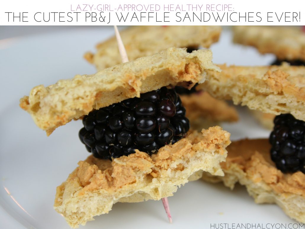 The CUTEST Lazy-Girl-Approved Healthy Recipe Ever: MINI PB&J WAFFLE SANDWICHES ( mine are Gluten Free! ) >> www.hustleandhalcyon.com