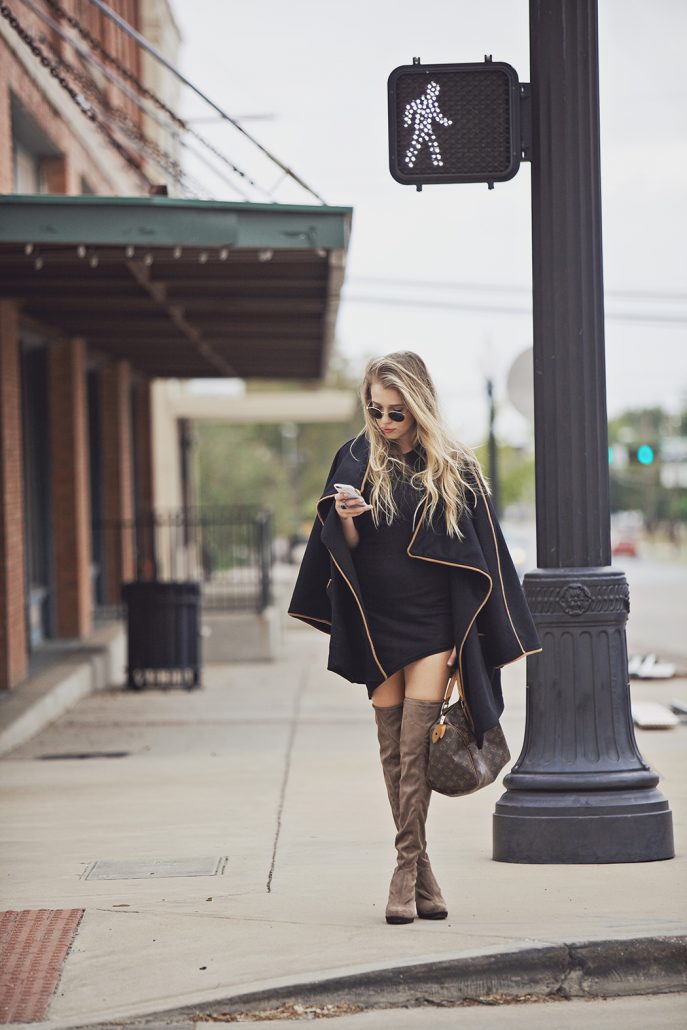 Black Cape with Over-Knee Boots | www.hustleandhalcyon.com
