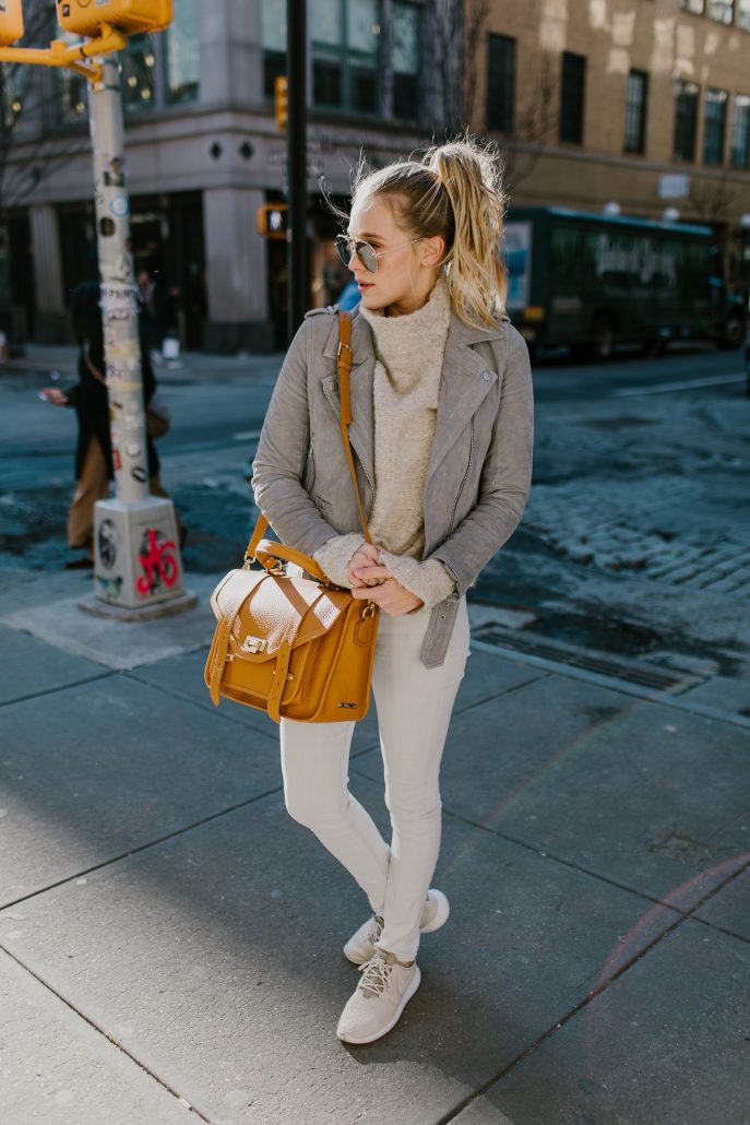 Payton Sartain wears a neutral spring outfit in New York City